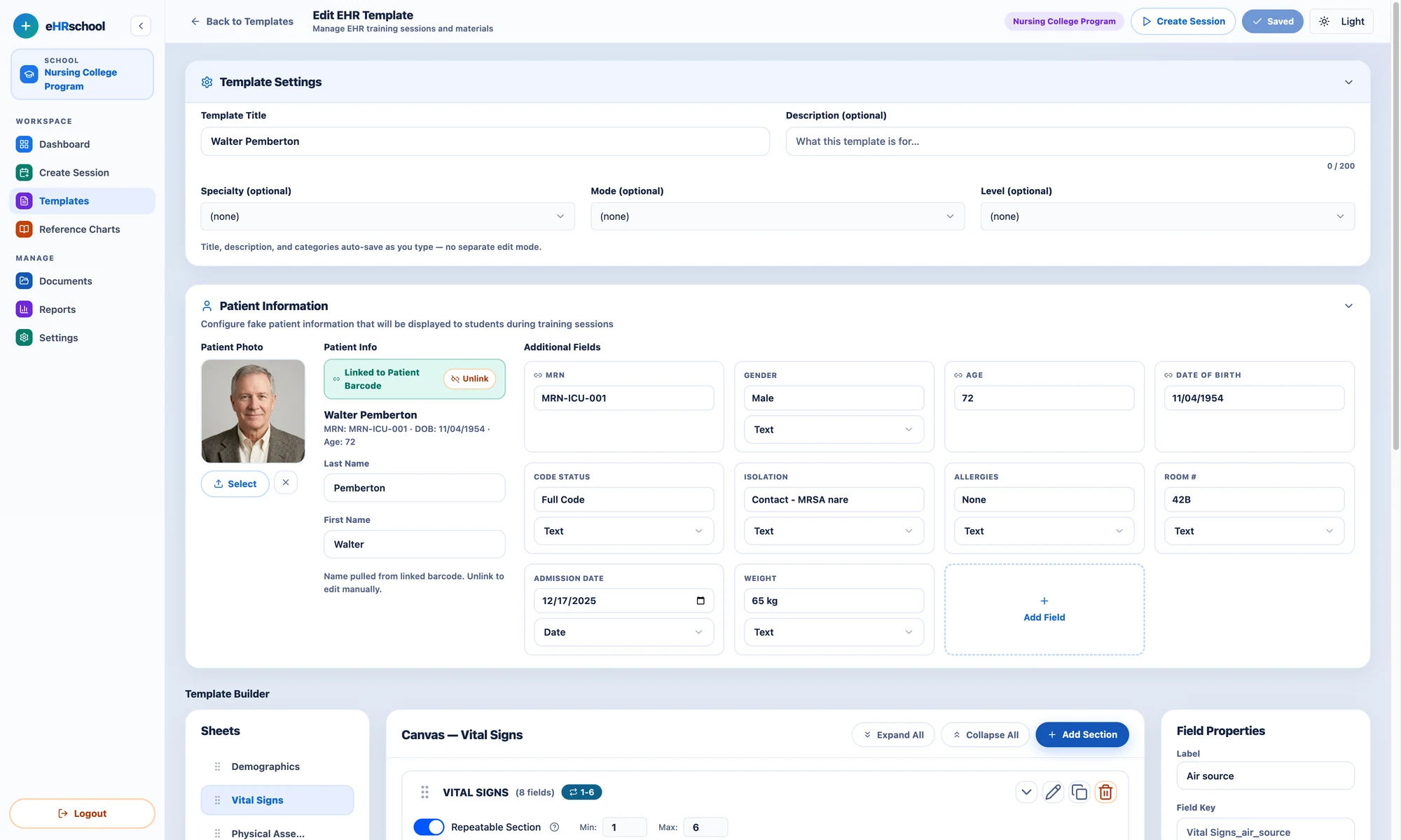 The drag-and-drop template builder, with chart sections and field types in a side panel.