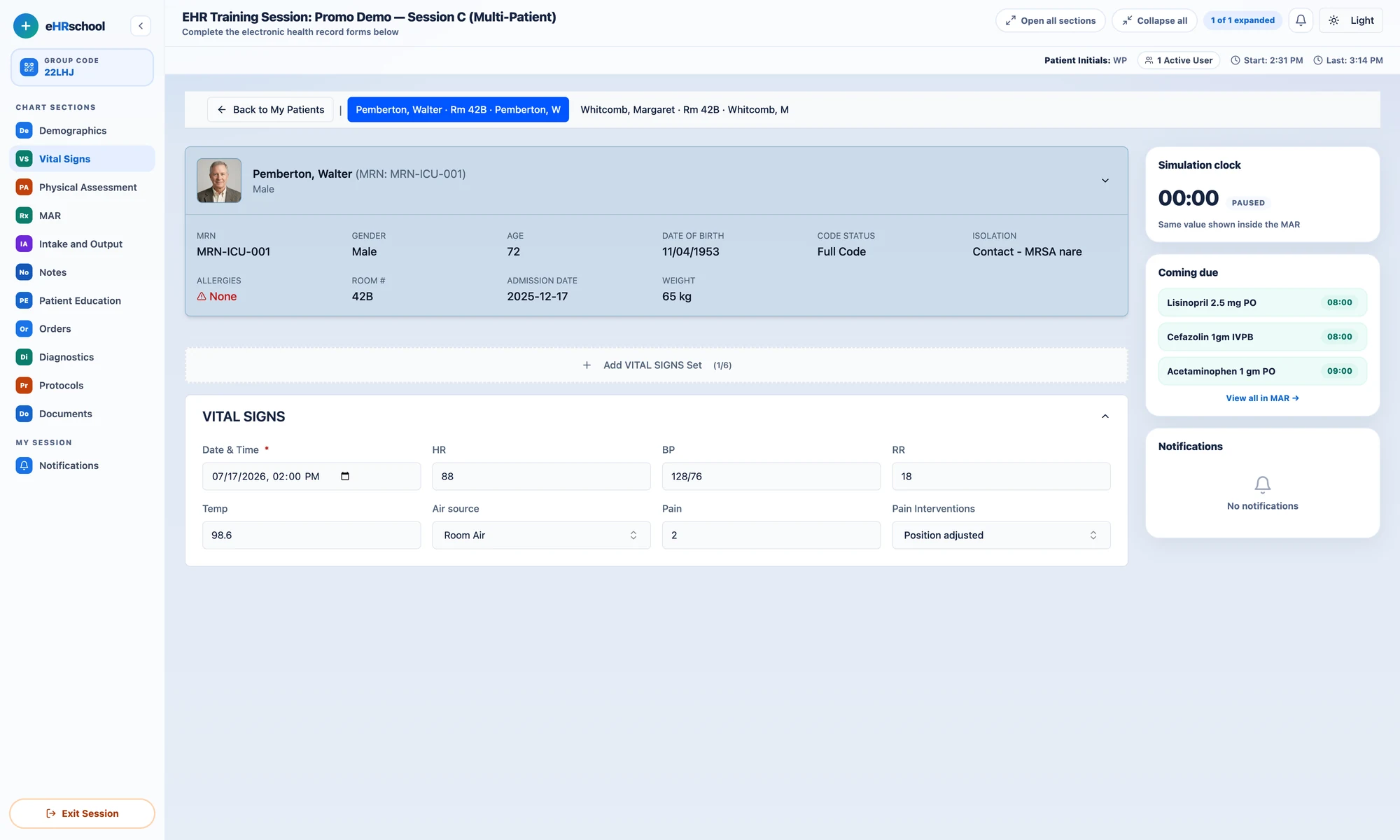 Four simulated patient cards side by side, with a switcher for moving between their charts.