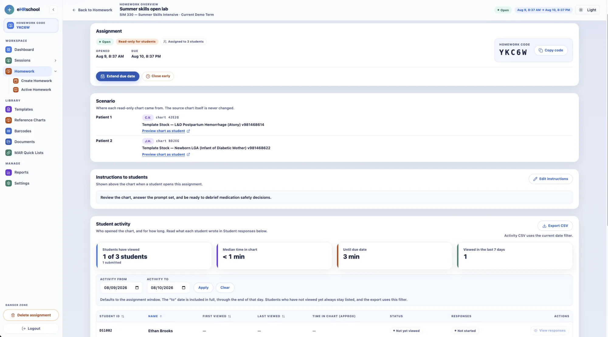 A homework assignment overview, listing the assigned chart and the students who have opened it.